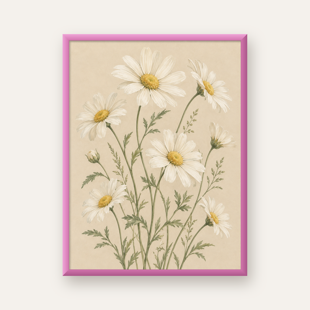 Beyaz Papatya Çiçeği Sulu Boya İllüstrasyon Poster — pembe çerçeveli