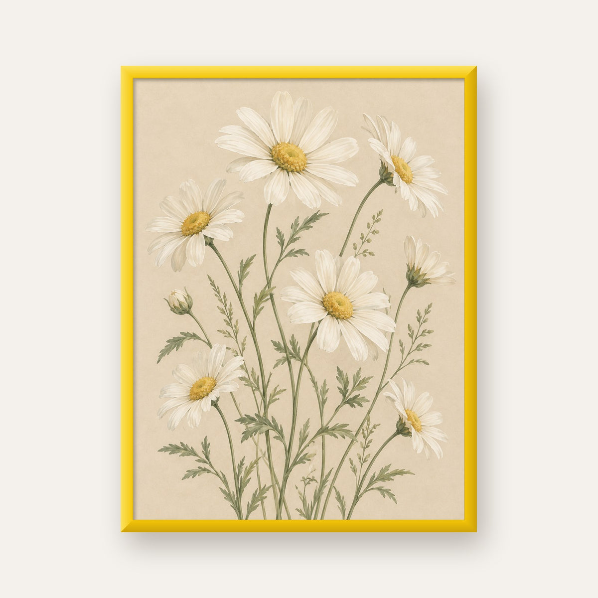 Beyaz Papatya Çiçeği Sulu Boya İllüstrasyon Poster — sarı çerçeveli