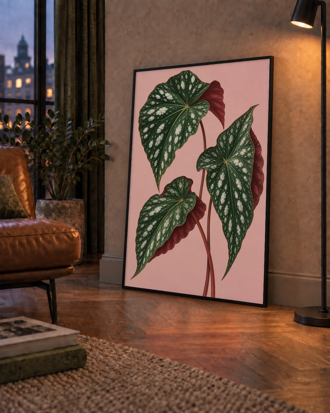 Benekli Begonia Yaprakları Botanik Poster – Pembe Fonlu — çerçeveli hâliyle bir ev duvarında
