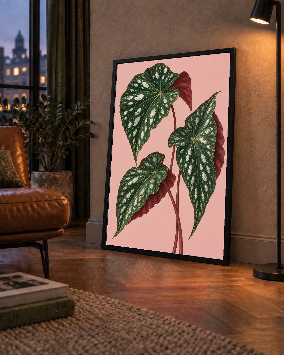 Benekli Begonia Yaprakları Botanik Poster – Pembe Fonlu