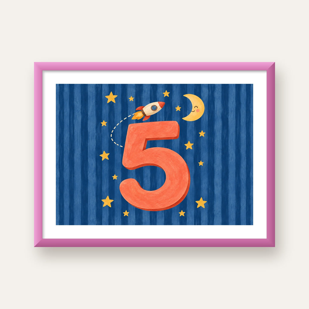 Uzay Temalı Kırmızı 5 Rakam Posteri – Çocuk Odası Dekoru — pembe çerçeveli paspartulu