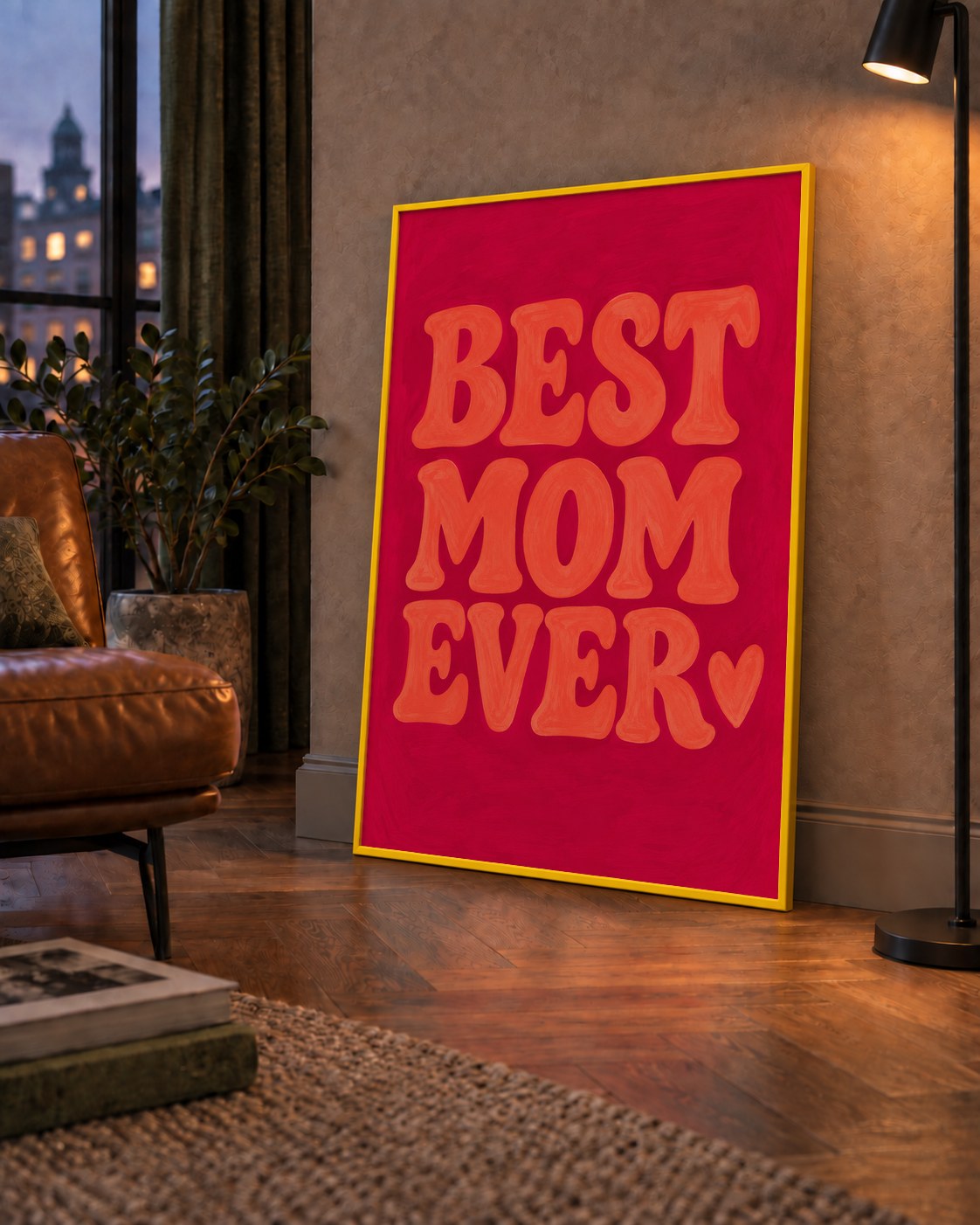 Anneler Günü Tipografi Poster – BEST MOM EVER, Modern Duvar Sanatı — çerçeveli hâliyle bir ev duvarında