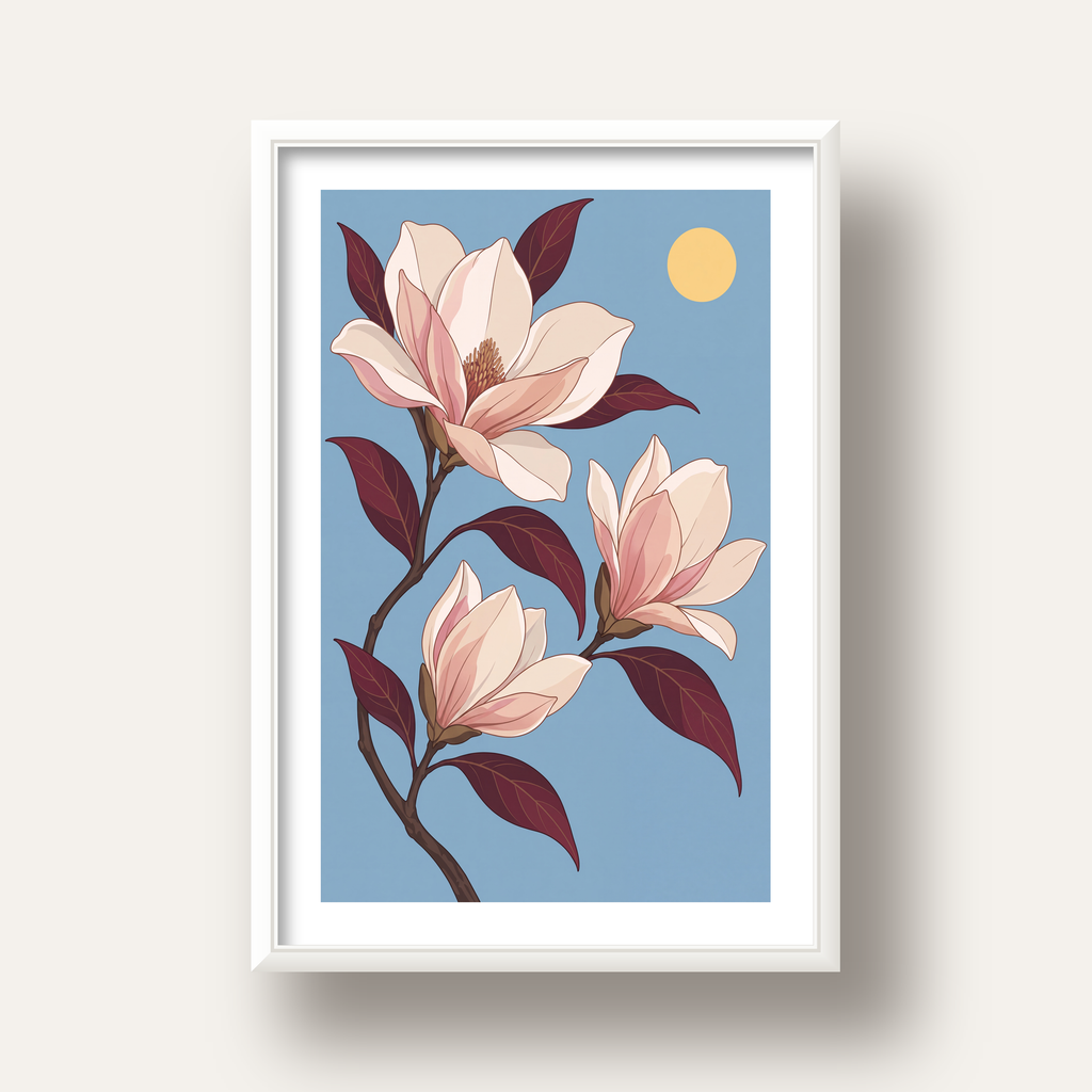 Beyaz Magnolia Çiçekleri Dijital Poster – Modern Duvar Dekoru — beyaz derin çerçeveli paspartulu