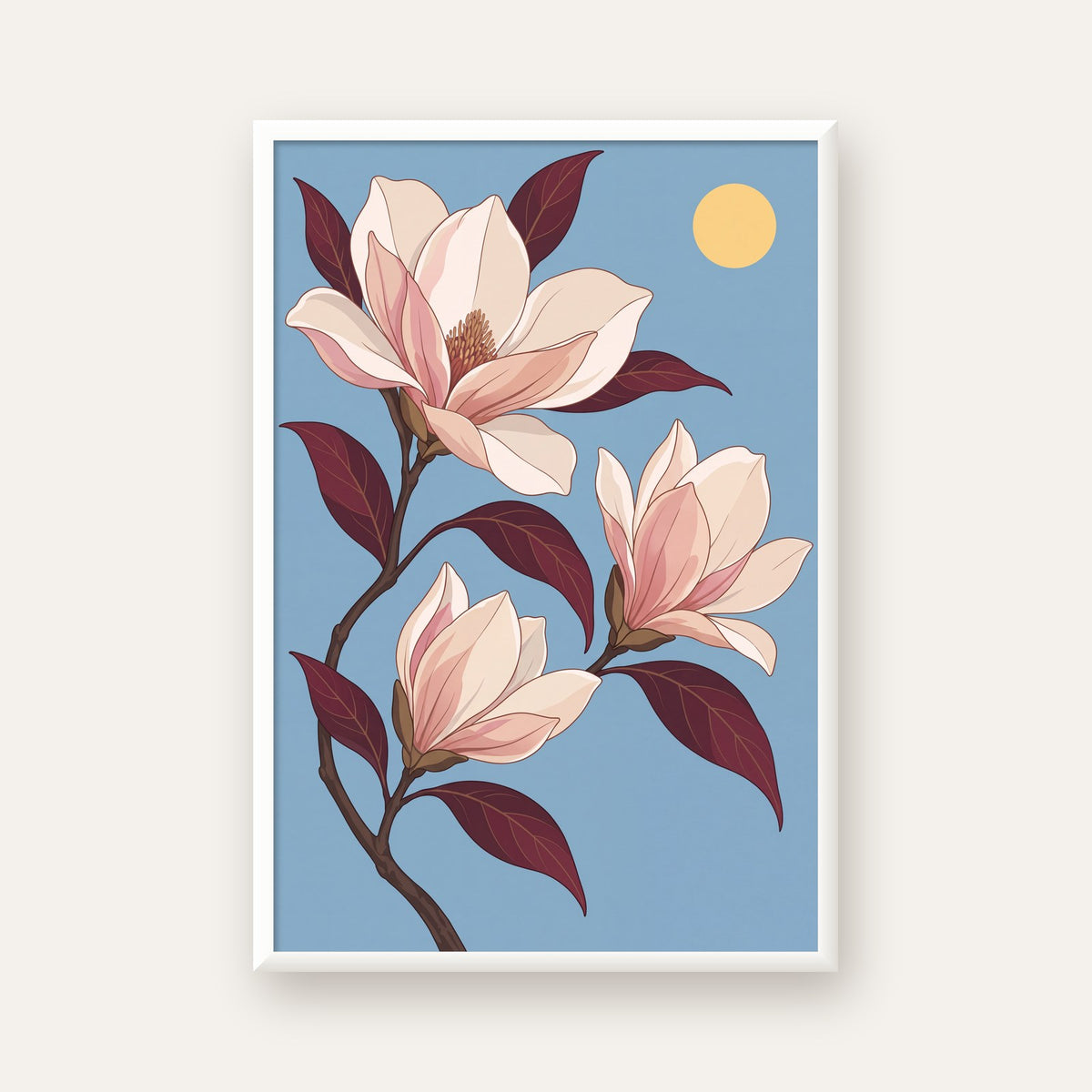 Beyaz Magnolia Çiçekleri Dijital Poster – Modern Duvar Dekoru — beyaz çerçeveli dikey poster