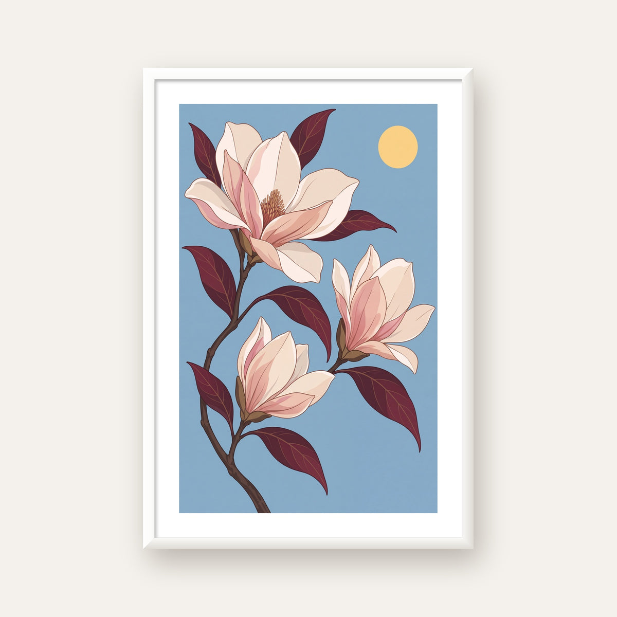 Beyaz Magnolia Çiçekleri Dijital Poster – Modern Duvar Dekoru — beyaz çerçeveli dikey poster