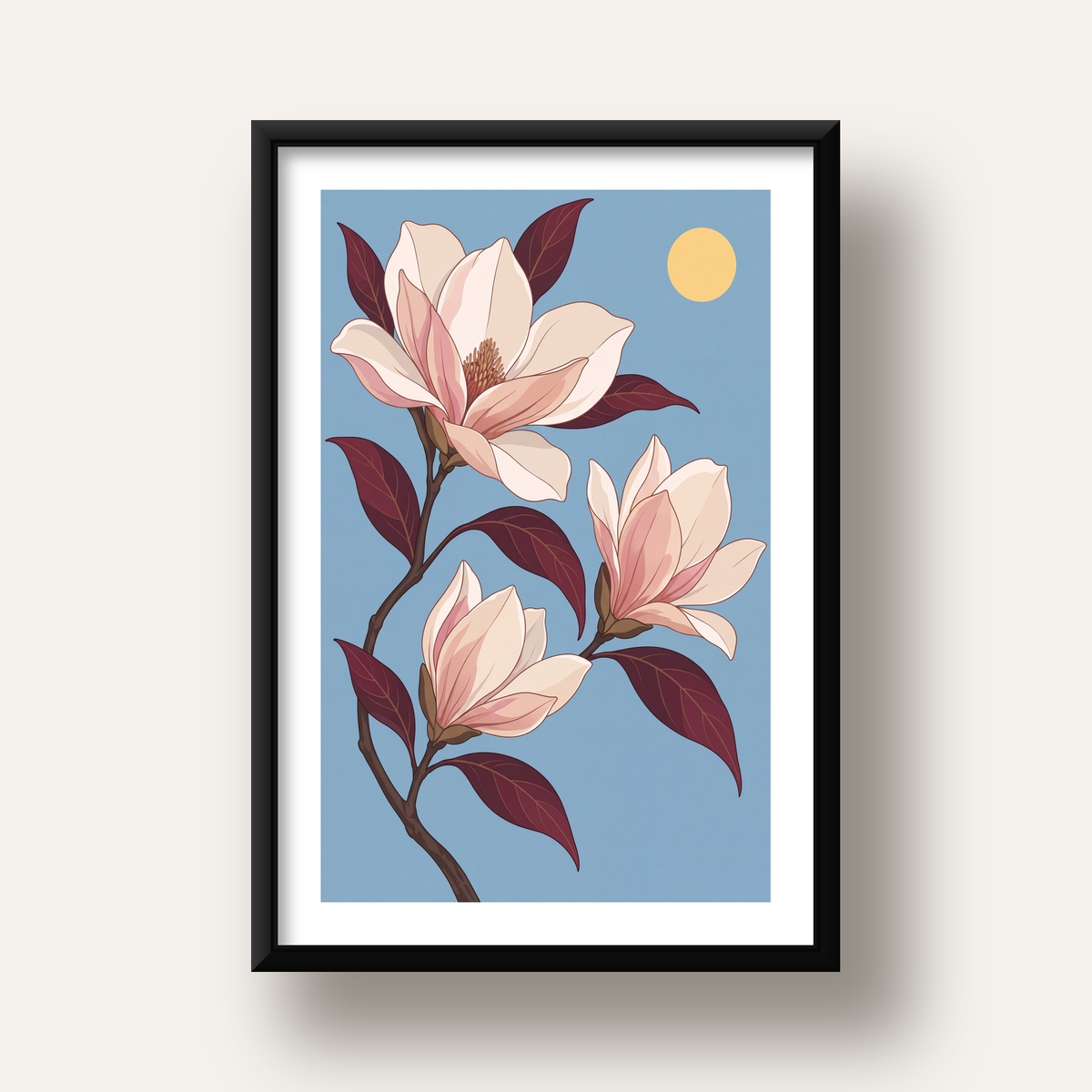Beyaz Magnolia Çiçekleri Dijital Poster – Modern Duvar Dekoru — siyah derin çerçeveli paspartulu