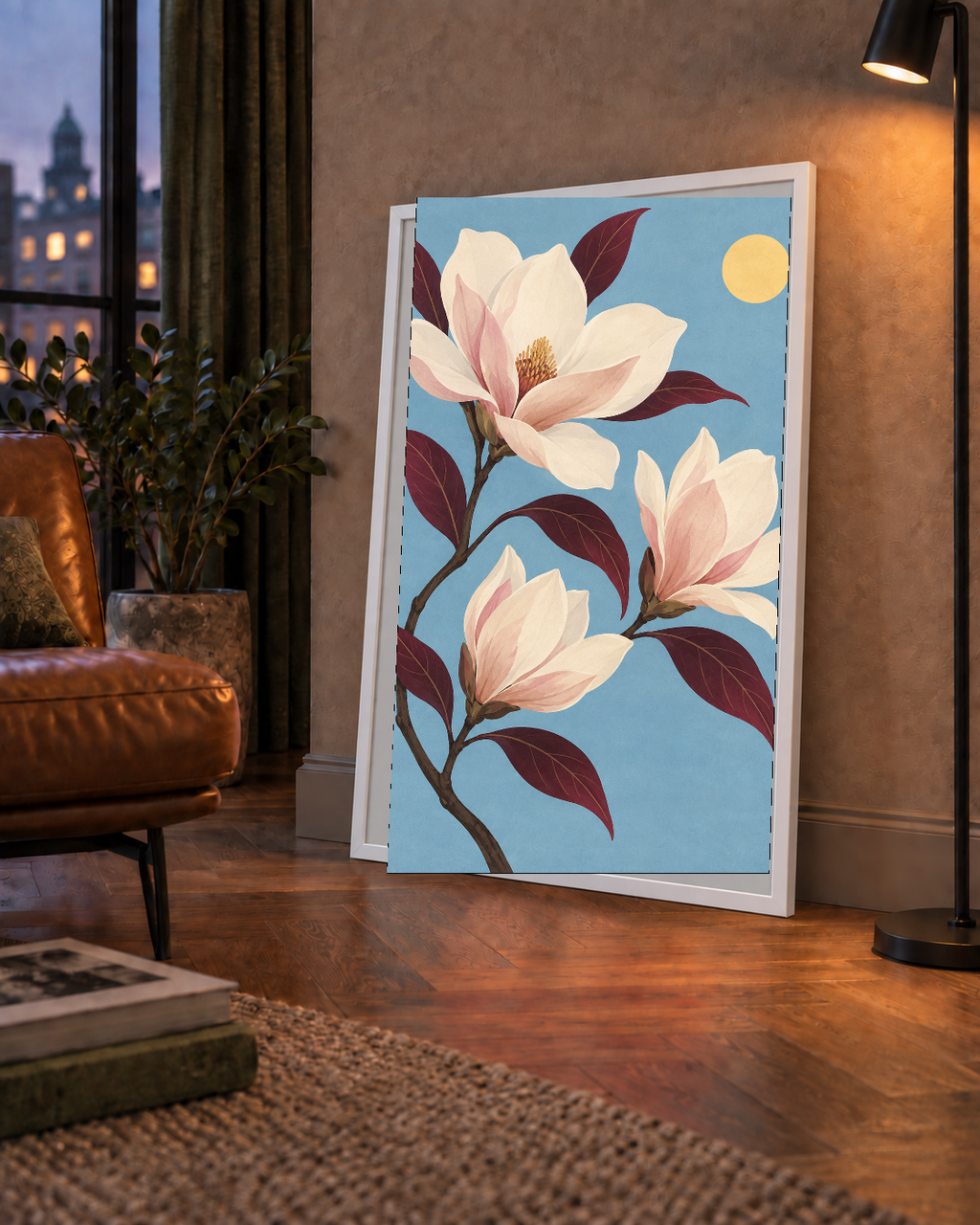 Beyaz Magnolia Çiçekleri Dijital Poster – Modern Duvar Dekoru