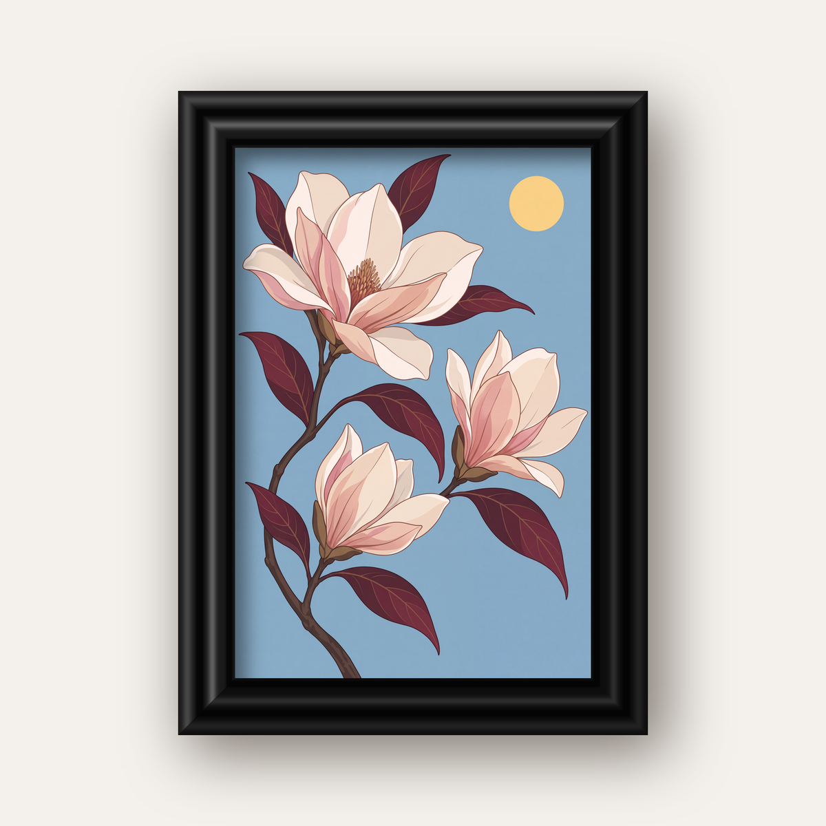 Beyaz Magnolia Çiçekleri Dijital Poster – Modern Duvar Dekoru — siyah galeri çerçeveli