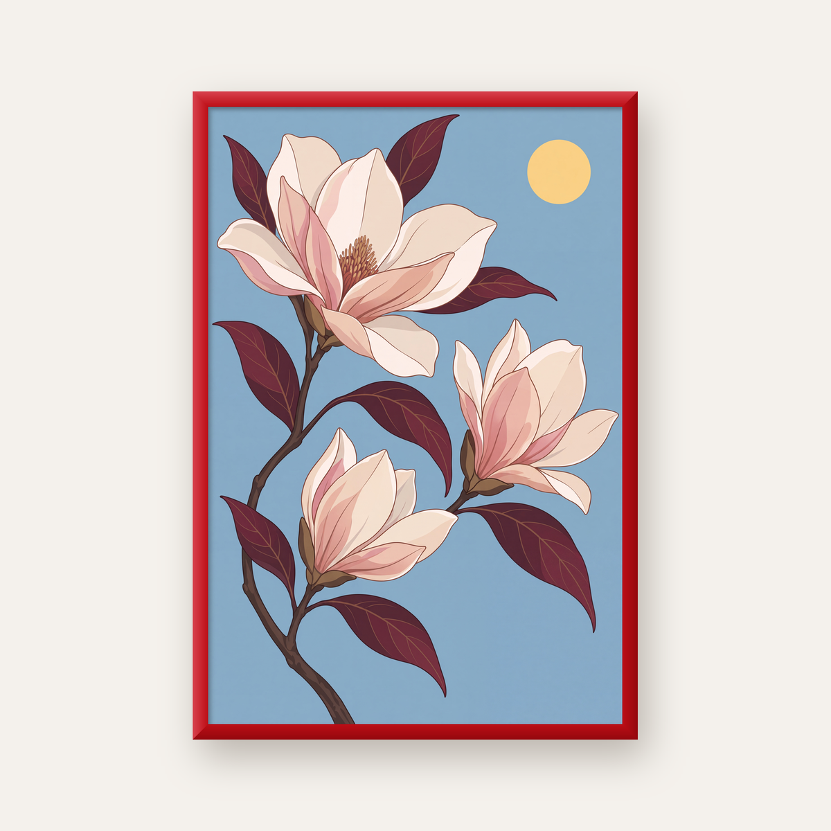 Beyaz Magnolia Çiçekleri Dijital Poster – Modern Duvar Dekoru — kırmızı çerçeveli