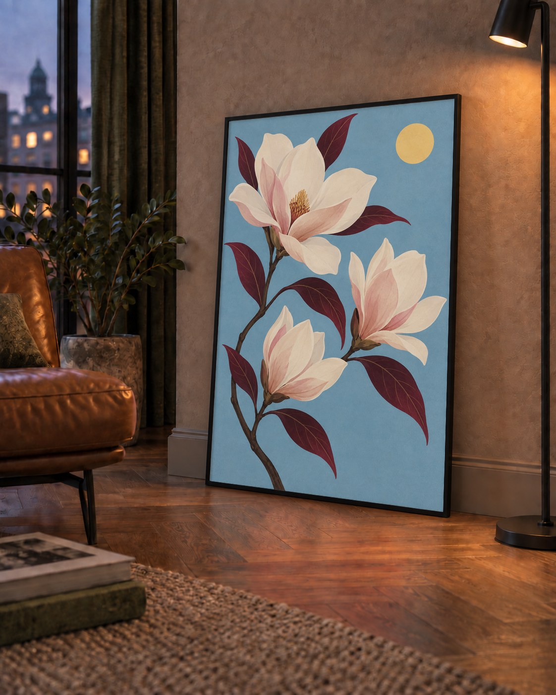 Beyaz Magnolia Çiçekleri Dijital Poster – Modern Duvar Dekoru — çerçeveli hâliyle bir ev duvarında