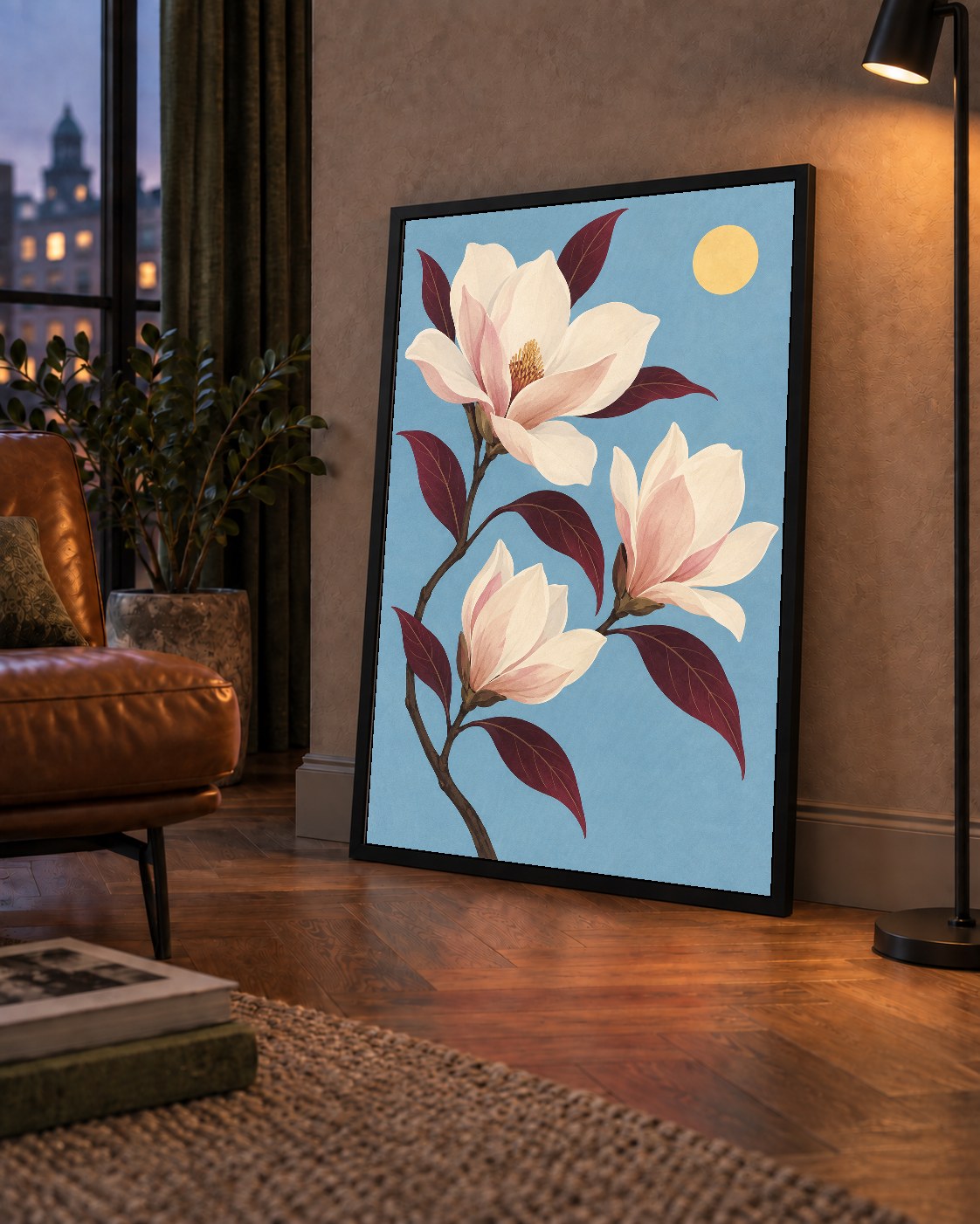 Beyaz Magnolia Çiçekleri Dijital Poster – Modern Duvar Dekoru