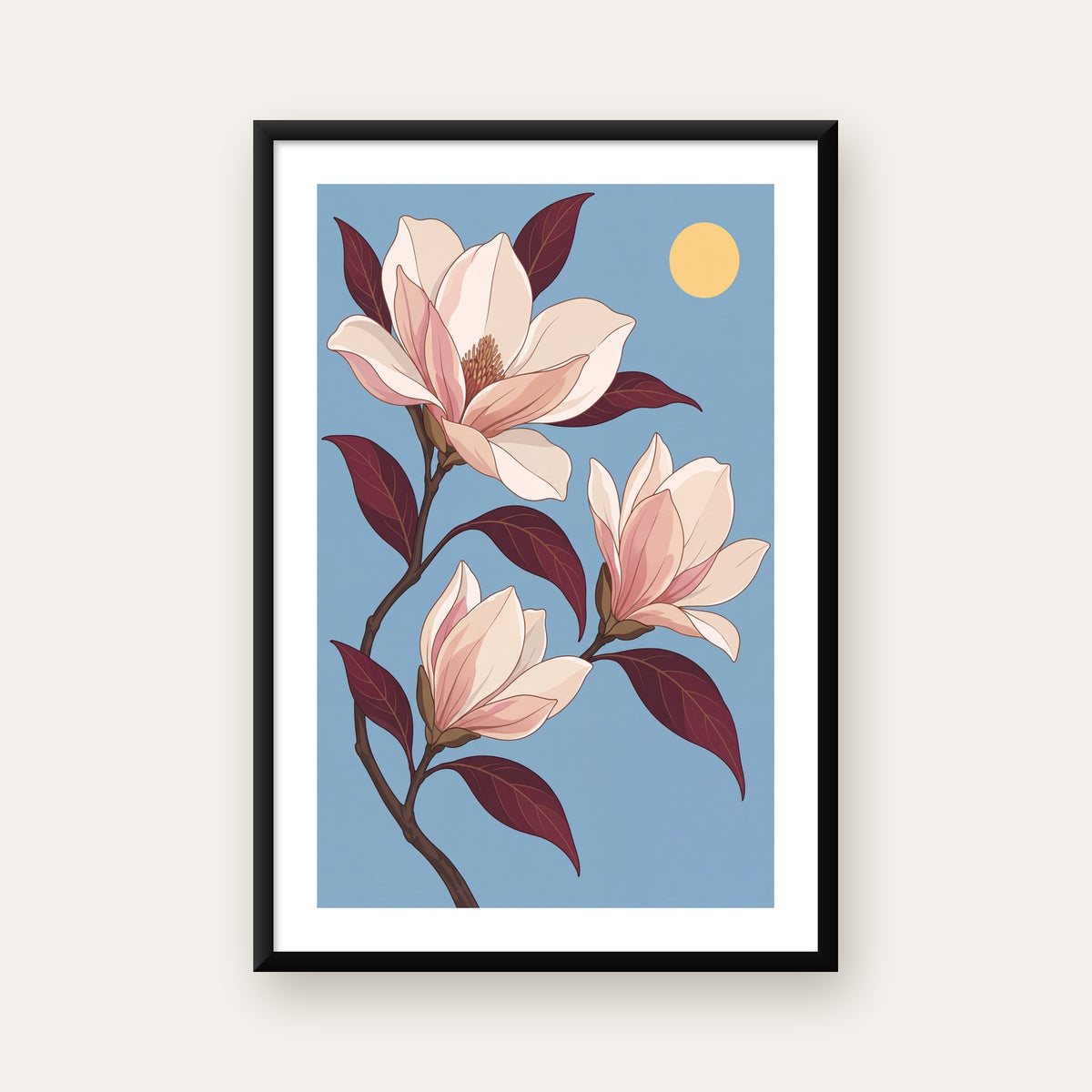 Beyaz Magnolia Çiçekleri Dijital Poster – Modern Duvar Dekoru