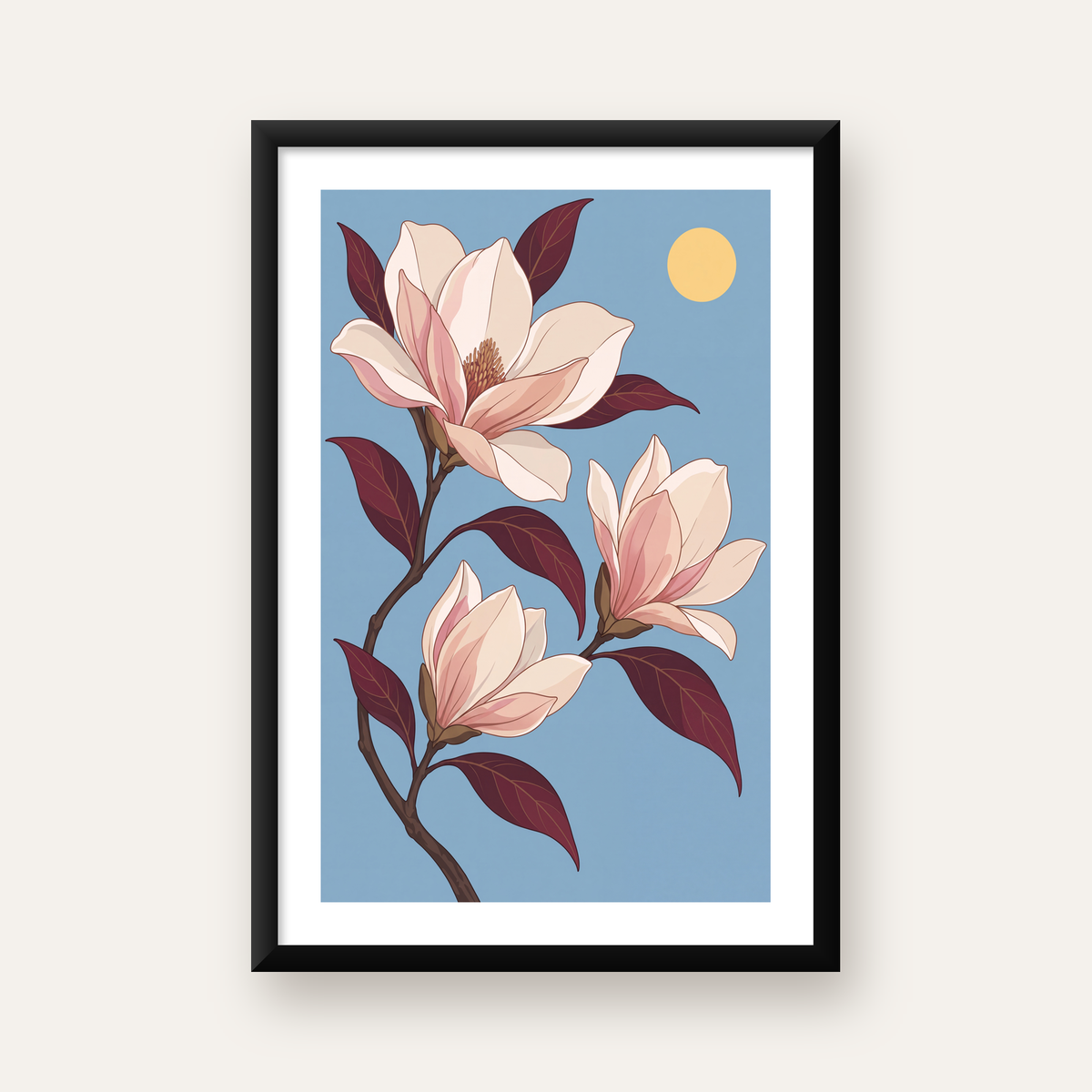 Beyaz Magnolia Çiçekleri Dijital Poster – Modern Duvar Dekoru