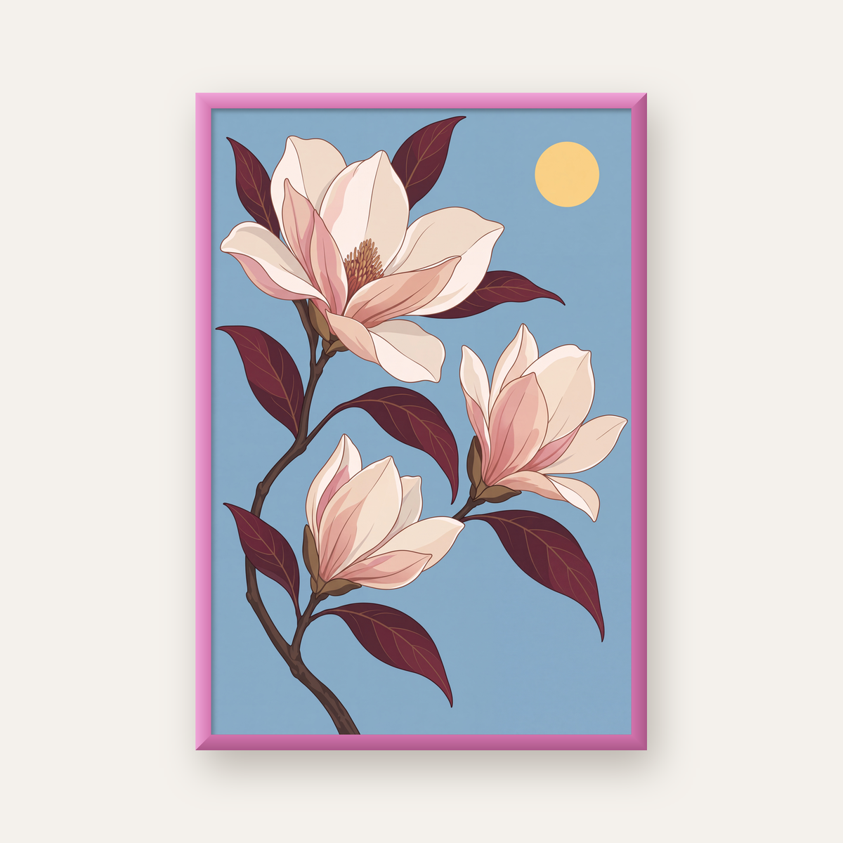 Beyaz Magnolia Çiçekleri Dijital Poster – Modern Duvar Dekoru — pembe çerçeveli