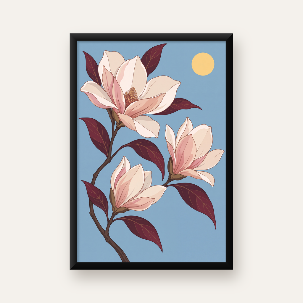 Beyaz Magnolia Çiçekleri Dijital Poster – Modern Duvar Dekoru