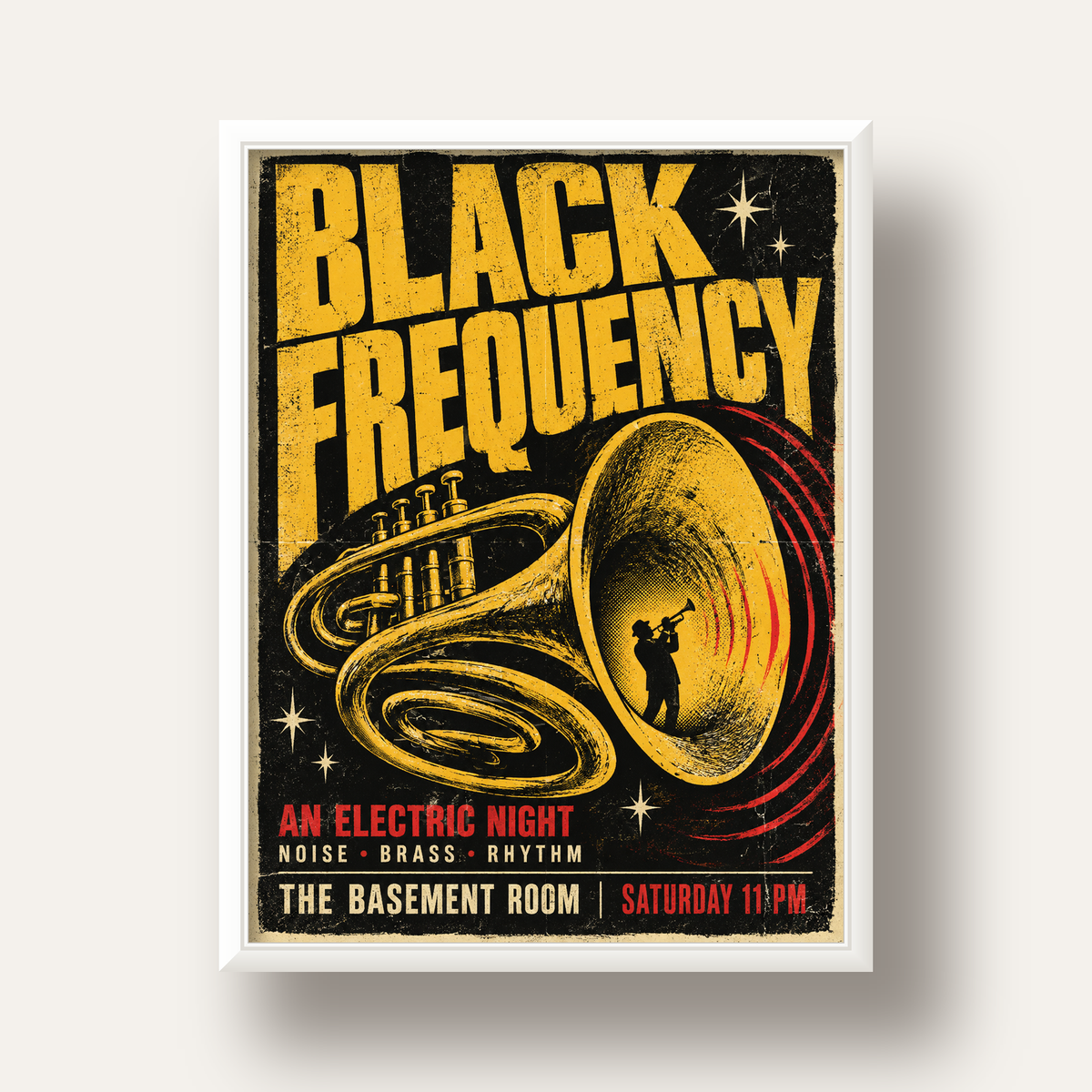 Retro Vintage Caz Konseri Afişi – Üflemeli Çalgılı Poster — beyaz derin çerçeveli