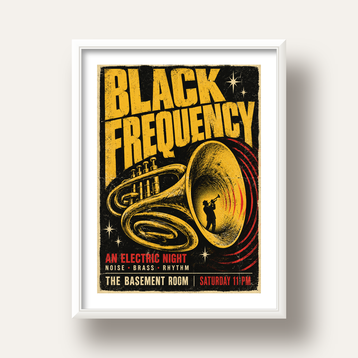 Retro Vintage Caz Konseri Afişi – Üflemeli Çalgılı Poster — beyaz derin çerçeveli paspartulu