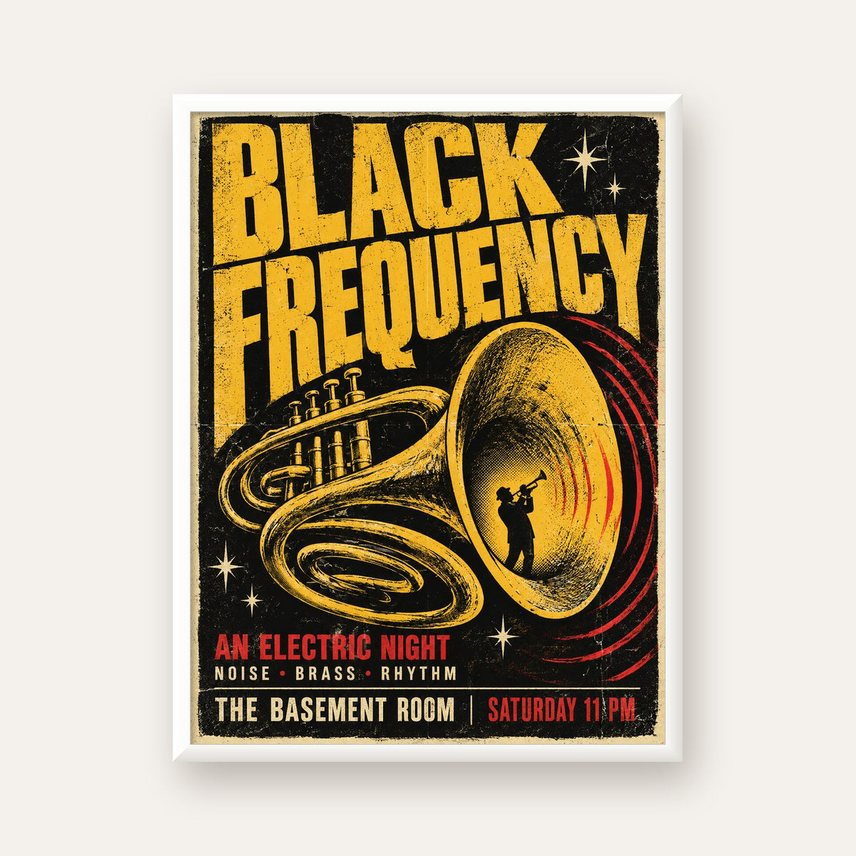 Retro Vintage Caz Konseri Afişi – Üflemeli Çalgılı Poster — beyaz çerçeveli dikey poster