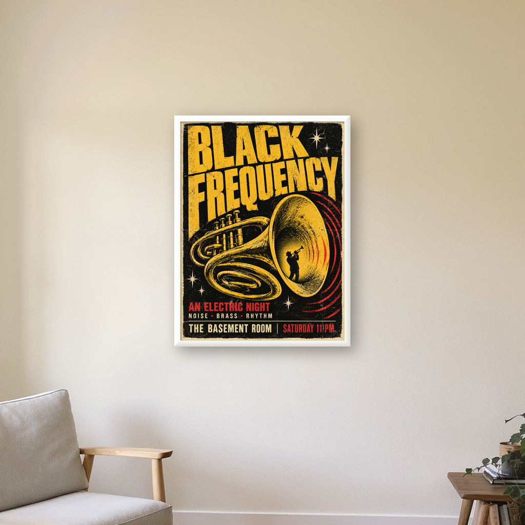 Retro Vintage Caz Konseri Afişi – Üflemeli Çalgılı Poster — beyaz çerçeveli dikey poster