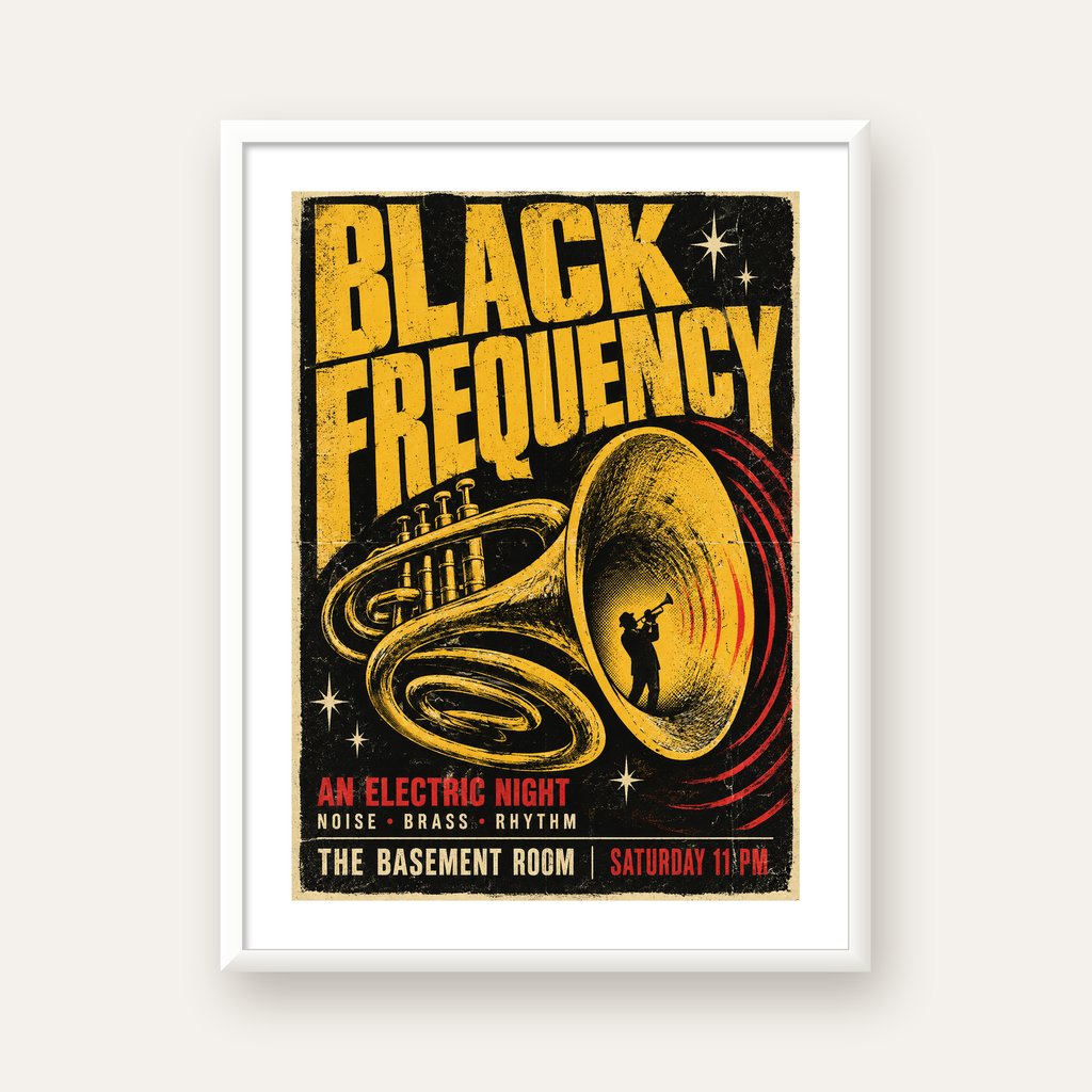 Retro Vintage Caz Konseri Afişi – Üflemeli Çalgılı Poster — beyaz çerçeveli dikey poster