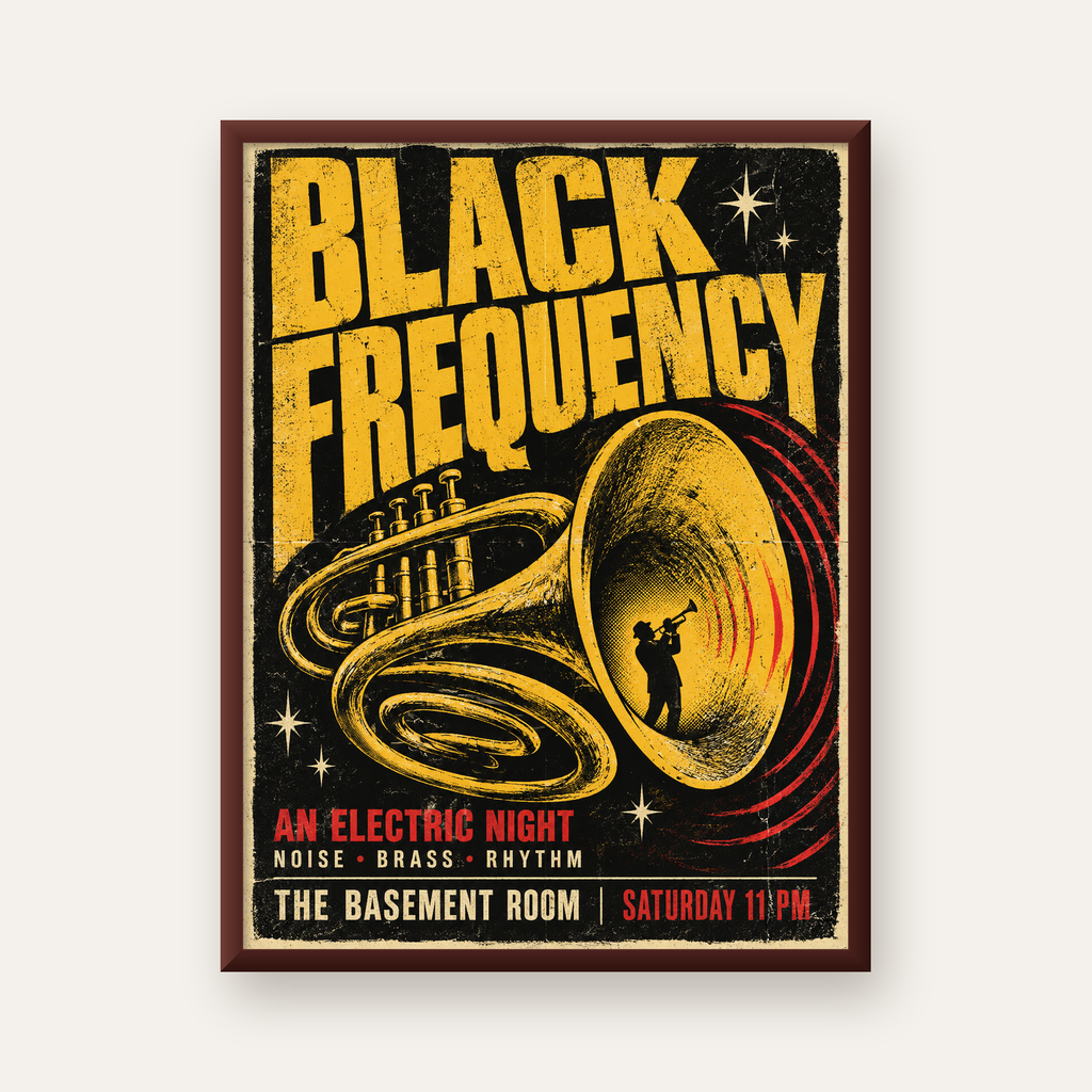 Retro Vintage Caz Konseri Afişi – Üflemeli Çalgılı Poster — ceviz çerçeveli