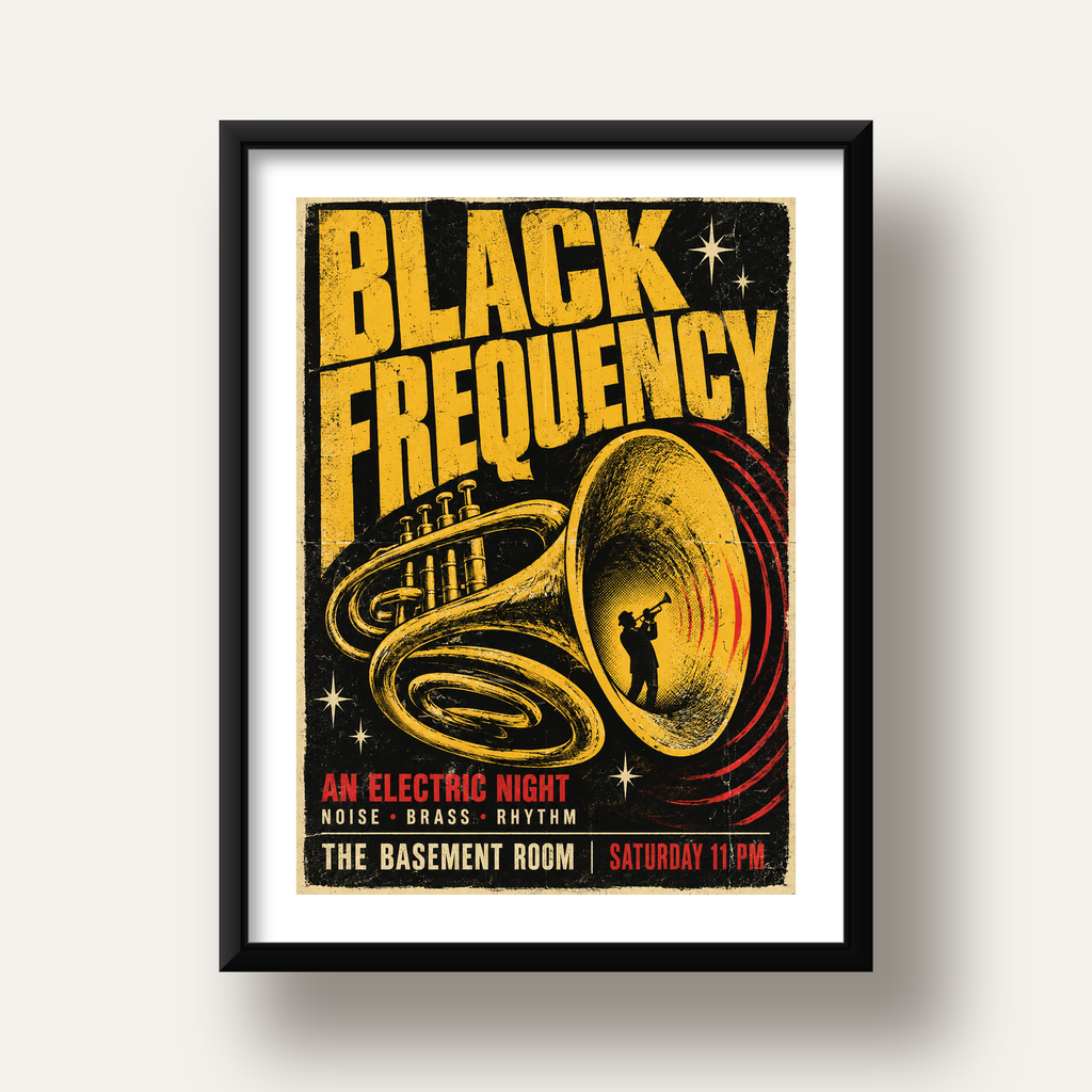 Retro Vintage Caz Konseri Afişi – Üflemeli Çalgılı Poster — siyah derin çerçeveli paspartulu