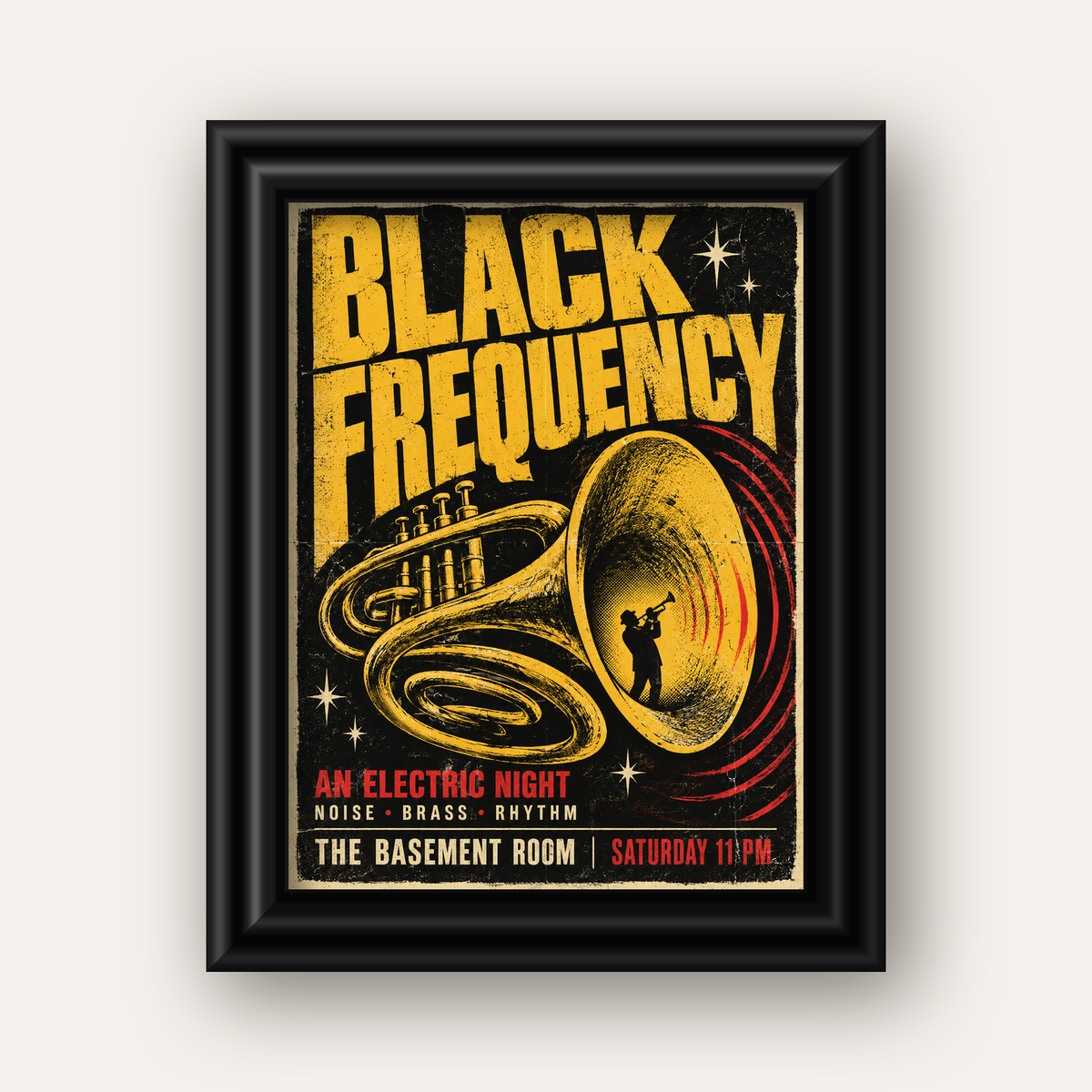 Retro Vintage Caz Konseri Afişi – Üflemeli Çalgılı Poster — siyah galeri çerçeveli