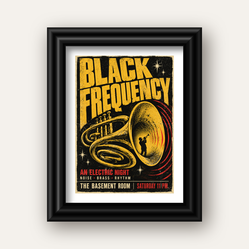 Retro Vintage Caz Konseri Afişi – Üflemeli Çalgılı Poster — siyah galeri çerçeveli paspartulu