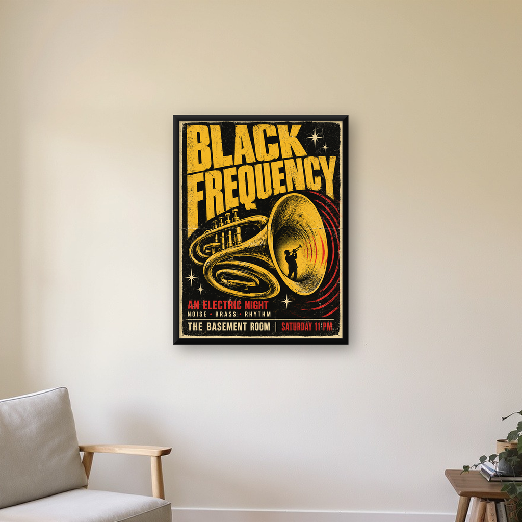 Retro Vintage Caz Konseri Afişi – Üflemeli Çalgılı Poster — Dikey baskı, çerçeveli hâliyle bir ev duvarında