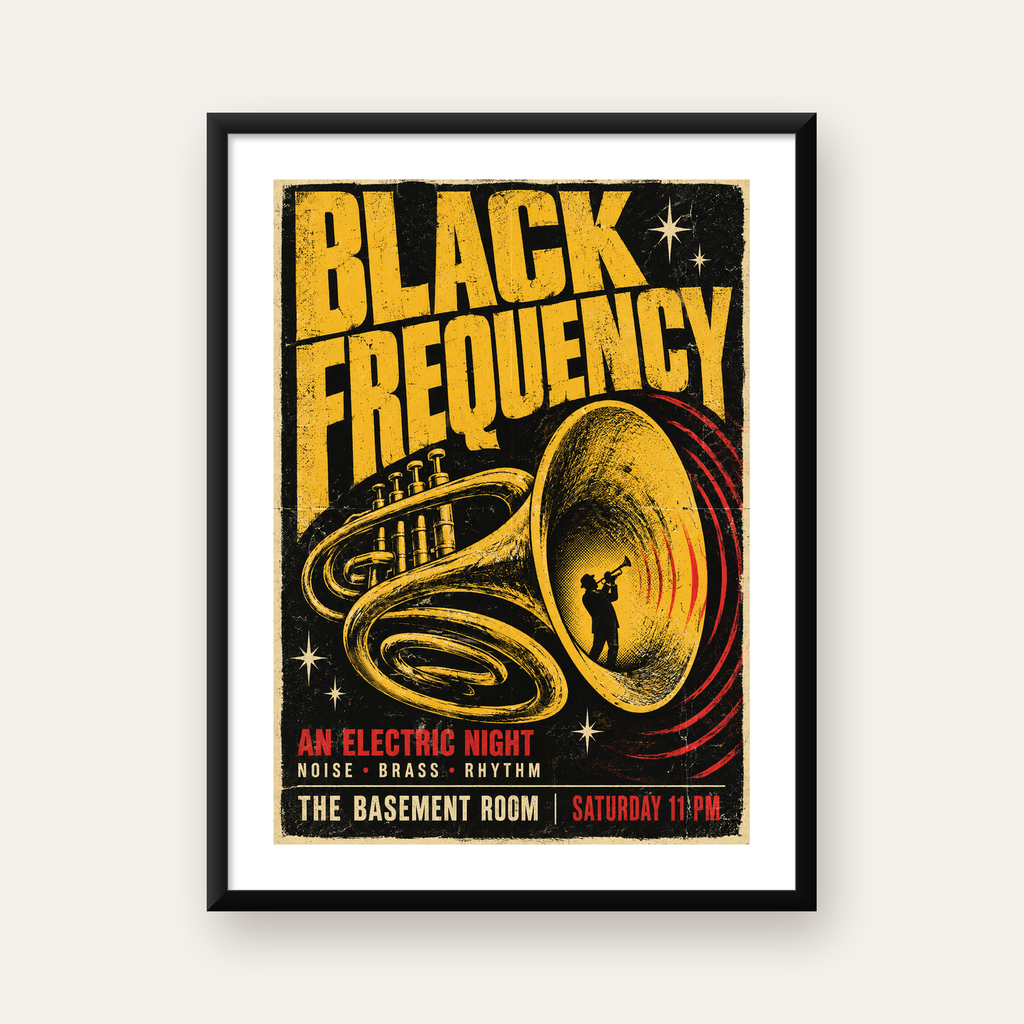 Retro Vintage Caz Konseri Afişi – Üflemeli Çalgılı Poster — Dikey baskı, beyaz paspartulu