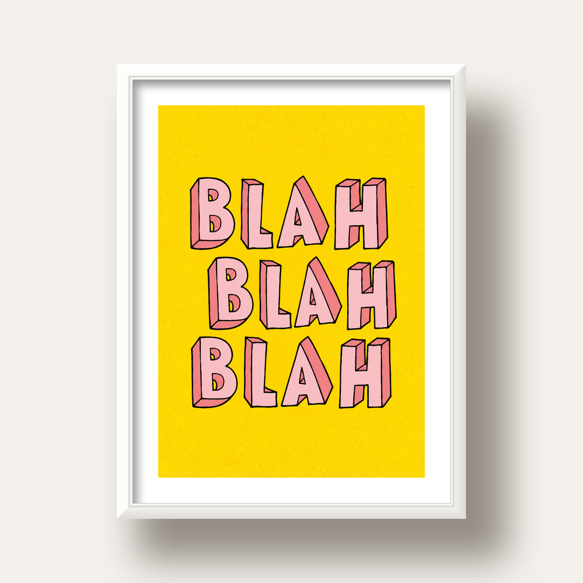 BLAH BLAH BLAH Renkli Tipografi Poster – Sarı ve Pembe — beyaz derin çerçeveli paspartulu
