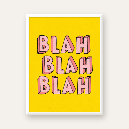 BLAH BLAH BLAH Renkli Tipografi Poster – Sarı ve Pembe — beyaz çerçeveli dikey poster