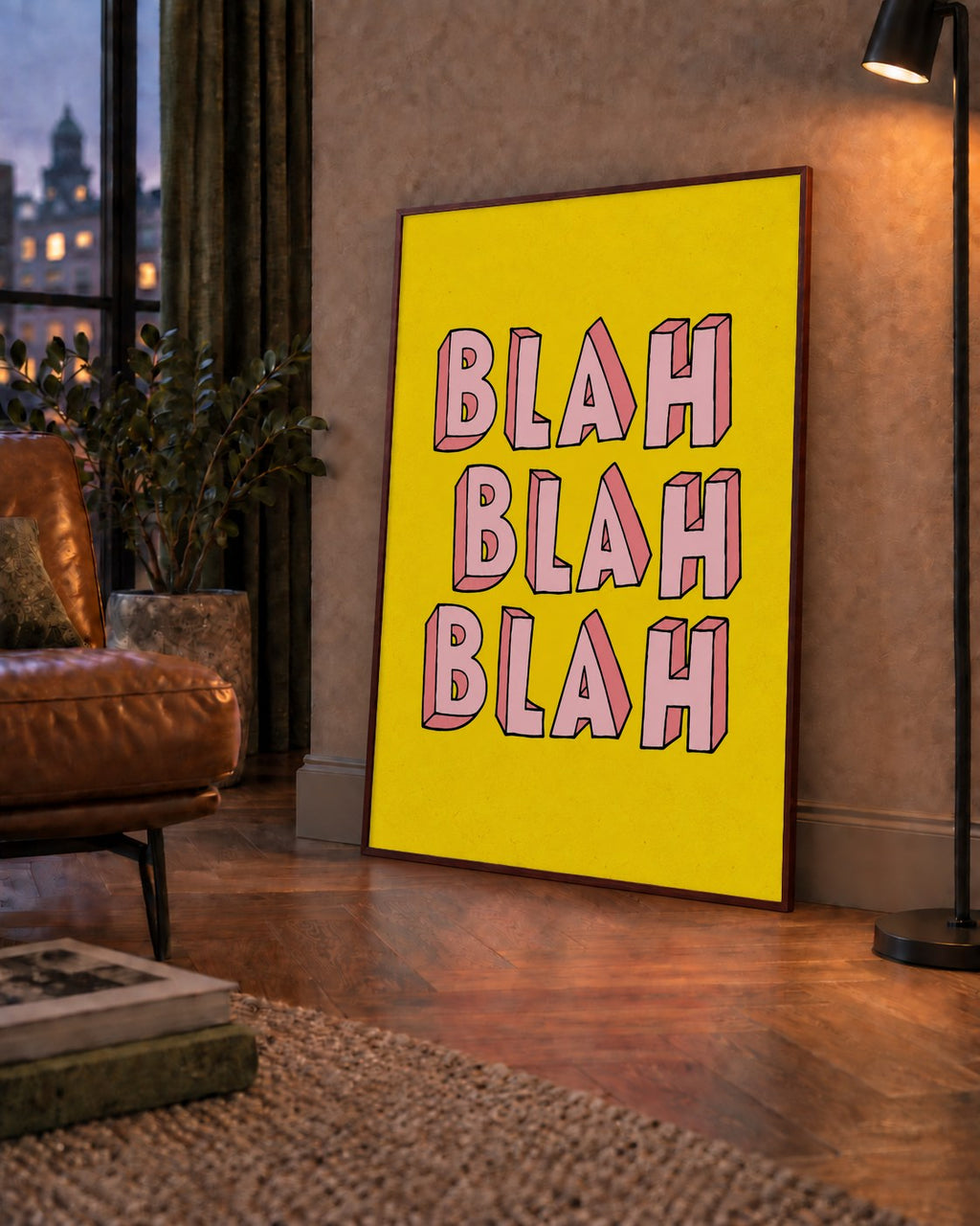 BLAH BLAH BLAH Renkli Tipografi Poster – Sarı ve Pembe — çerçeveli hâliyle bir ev duvarında