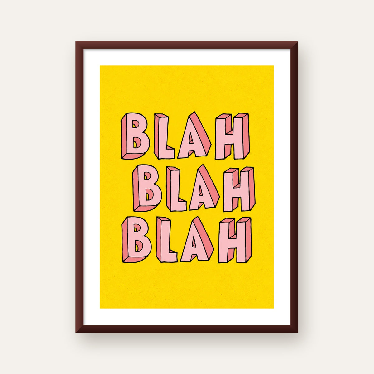BLAH BLAH BLAH Renkli Tipografi Poster – Sarı ve Pembe — ceviz çerçeveli paspartulu