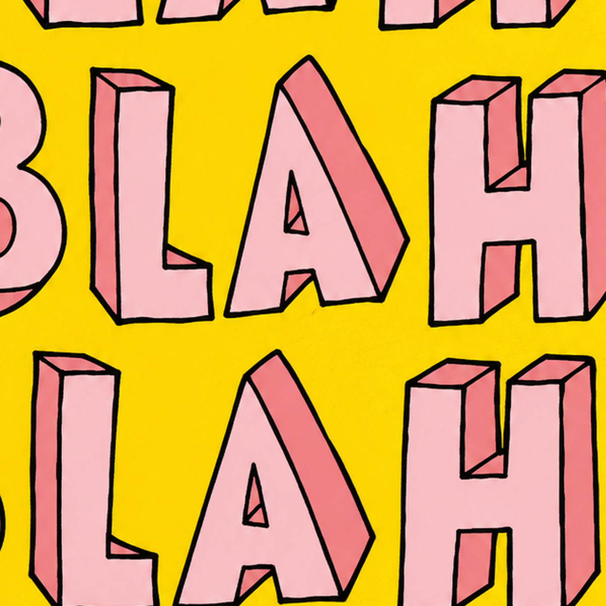 BLAH BLAH BLAH Renkli Tipografi Poster – Sarı ve Pembe — baskının yakın çekimi, kâğıt dokusu ve renk detayı