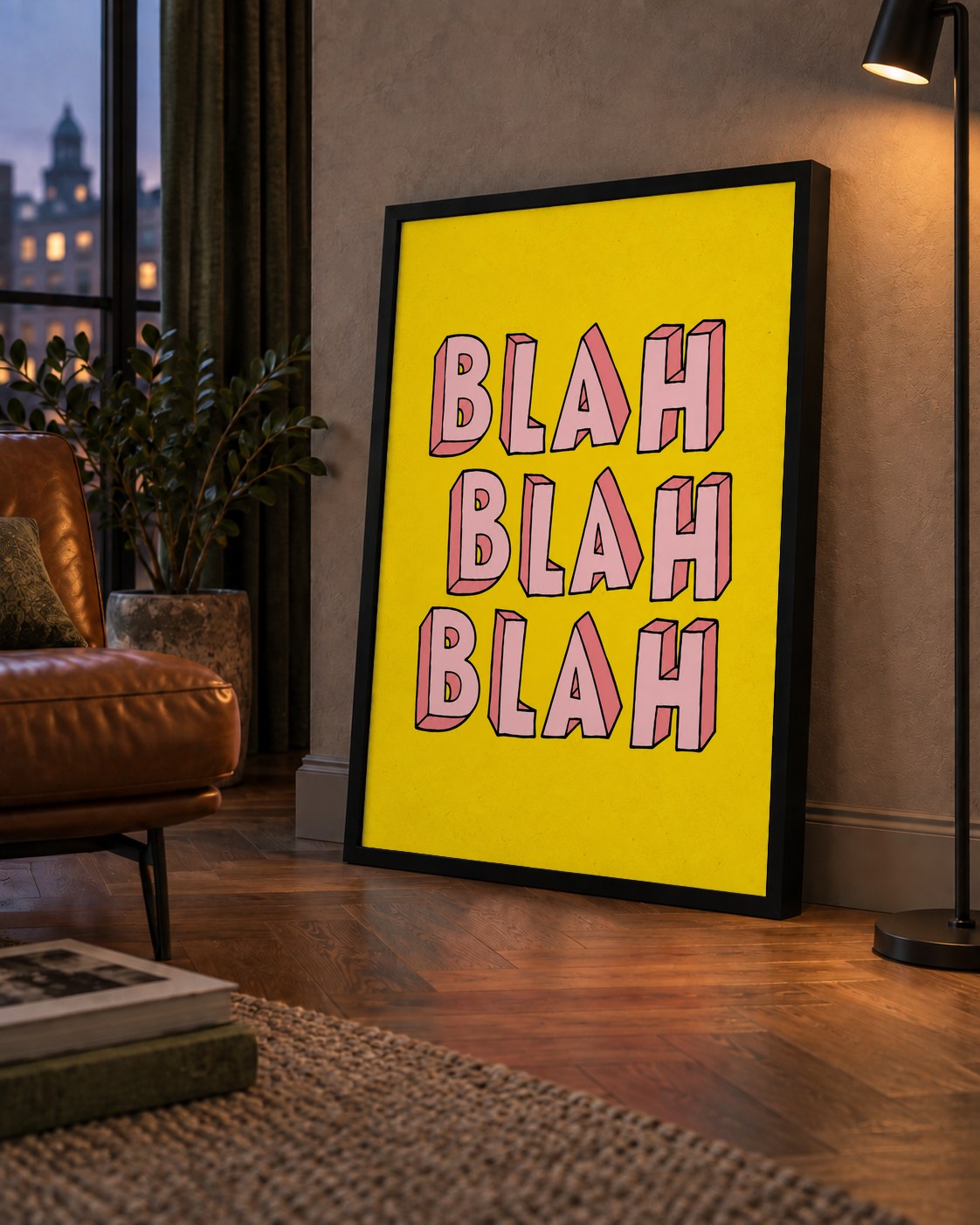 BLAH BLAH BLAH Renkli Tipografi Poster – Sarı ve Pembe — çerçeveli hâliyle bir ev duvarında