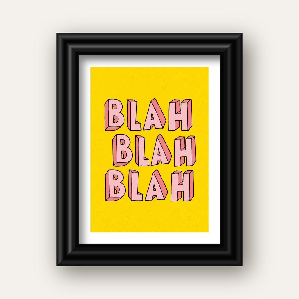 BLAH BLAH BLAH Renkli Tipografi Poster – Sarı ve Pembe — siyah galeri çerçeveli paspartulu