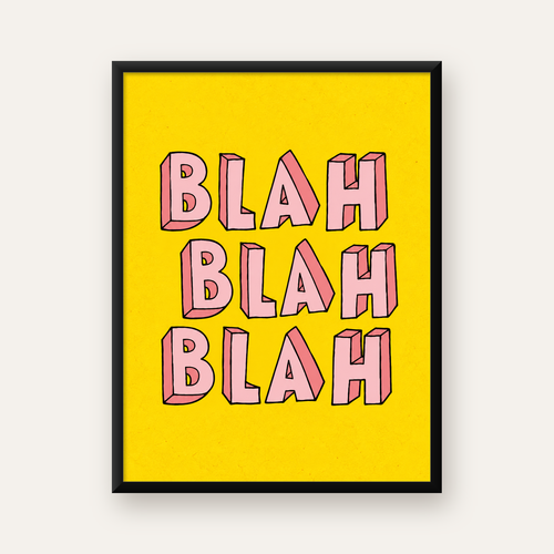 BLAH BLAH BLAH Renkli Tipografi Poster – Sarı ve Pembe — Dikey baskı, düz siyah çerçeveli duvar posteri