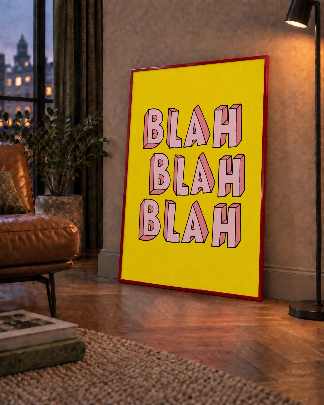 BLAH BLAH BLAH Renkli Tipografi Poster – Sarı ve Pembe — çerçeveli hâliyle bir ev duvarında