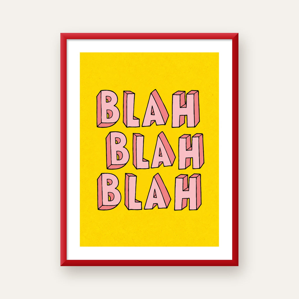 BLAH BLAH BLAH Renkli Tipografi Poster – Sarı ve Pembe — kırmızı çerçeveli paspartulu