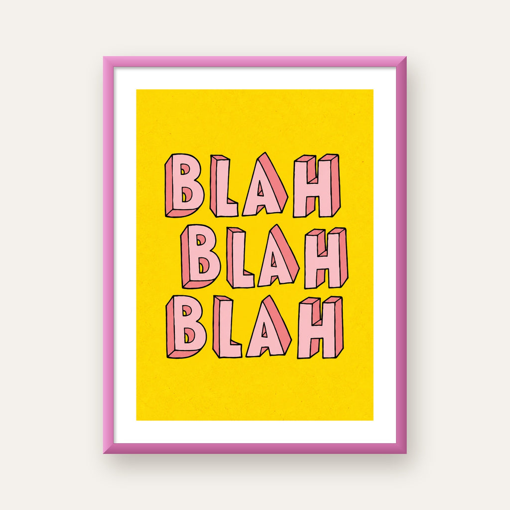 BLAH BLAH BLAH Renkli Tipografi Poster – Sarı ve Pembe — pembe çerçeveli paspartulu