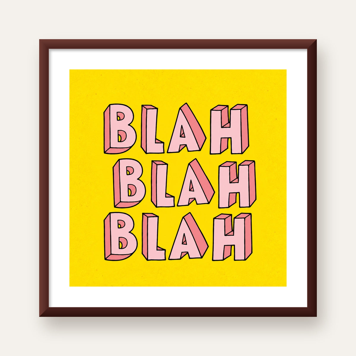 BLAH BLAH BLAH Renkli Tipografi Poster – Sarı ve Pembe — ceviz çerçeveli paspartulu
