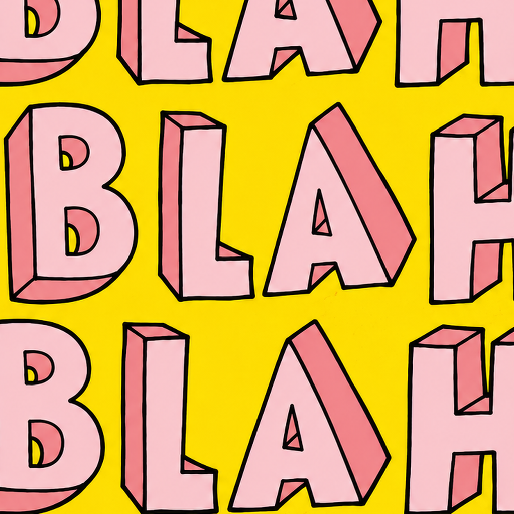 BLAH BLAH BLAH Renkli Tipografi Poster – Sarı ve Pembe — baskının yakın çekimi, kâğıt dokusu ve renk detayı