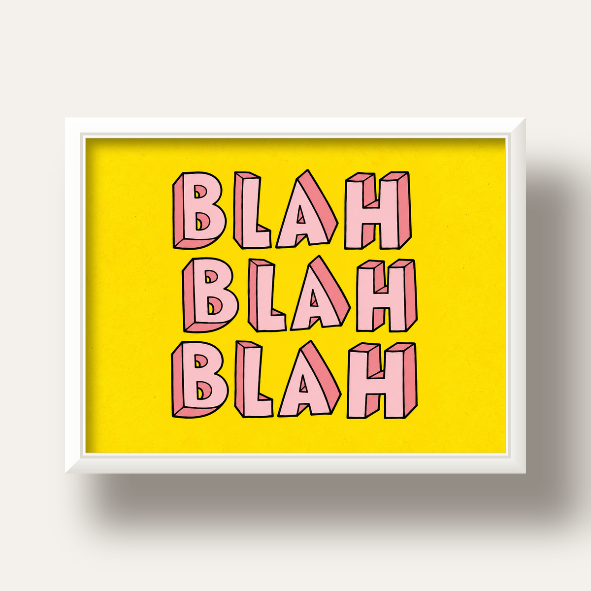 BLAH BLAH BLAH Renkli Tipografi Poster – Sarı ve Pembe — beyaz derin çerçeveli