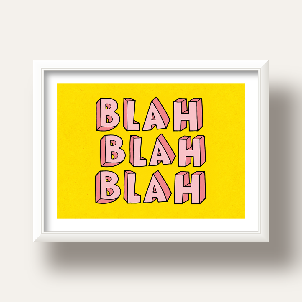 BLAH BLAH BLAH Renkli Tipografi Poster – Sarı ve Pembe — beyaz derin çerçeveli paspartulu