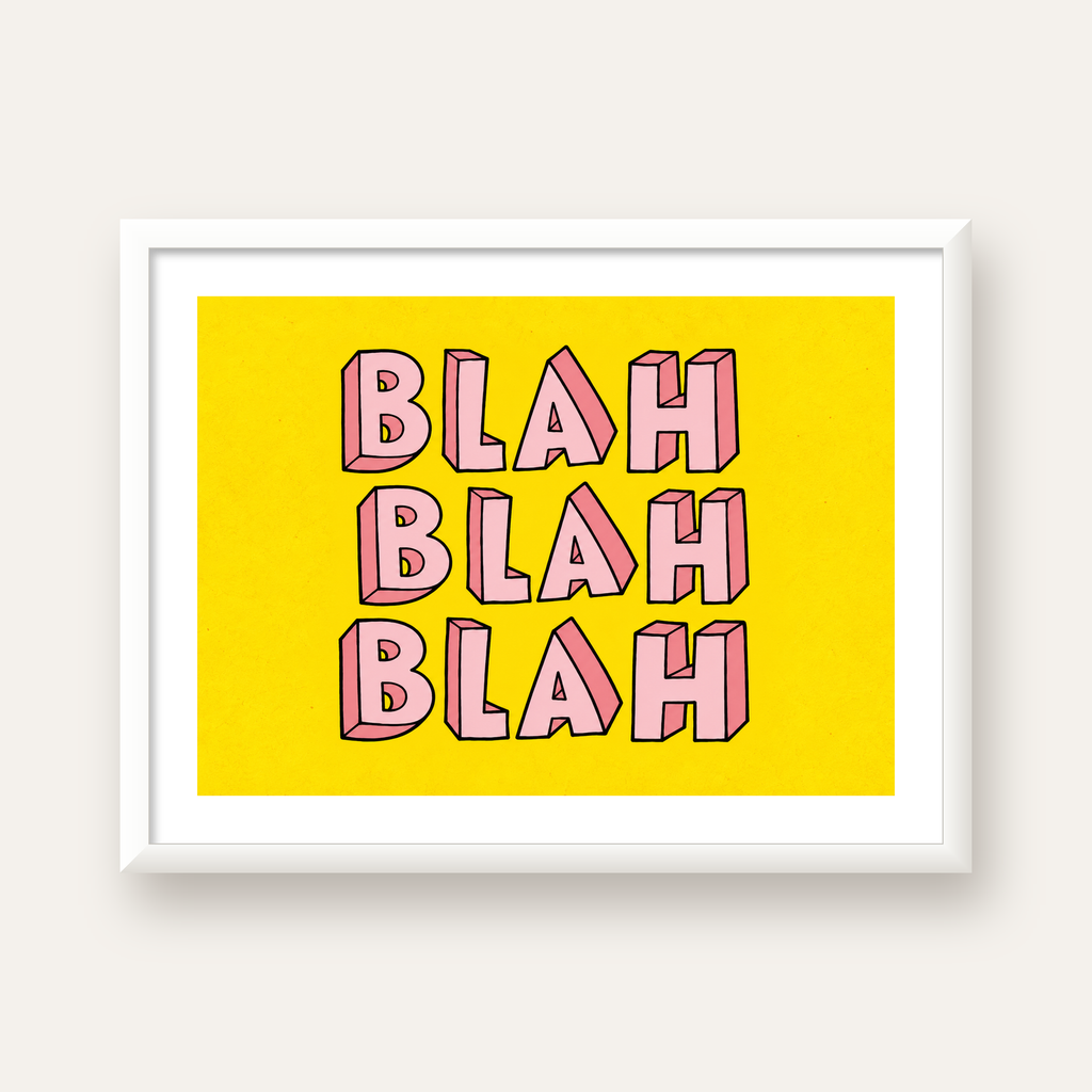 BLAH BLAH BLAH Renkli Tipografi Poster – Sarı ve Pembe — beyaz çerçeveli yatay poster