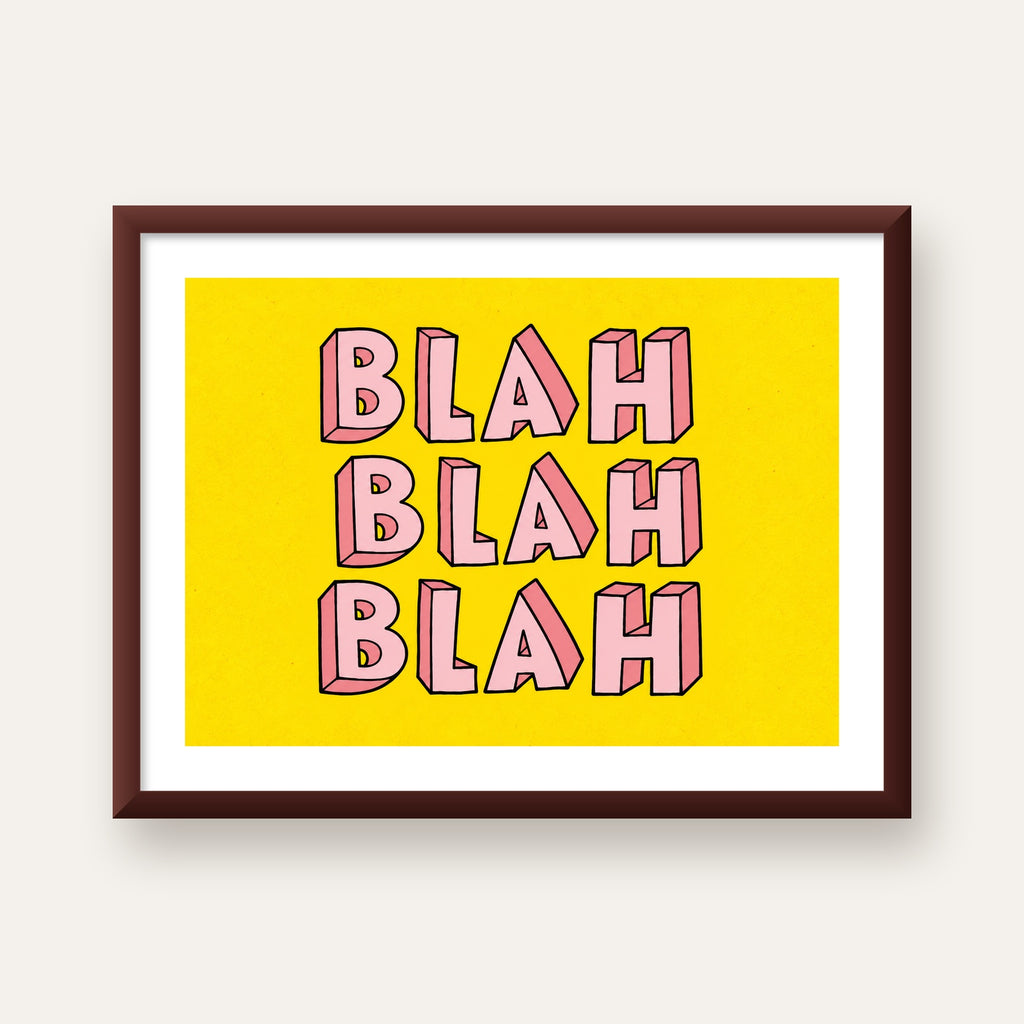 BLAH BLAH BLAH Renkli Tipografi Poster – Sarı ve Pembe — ceviz çerçeveli paspartulu