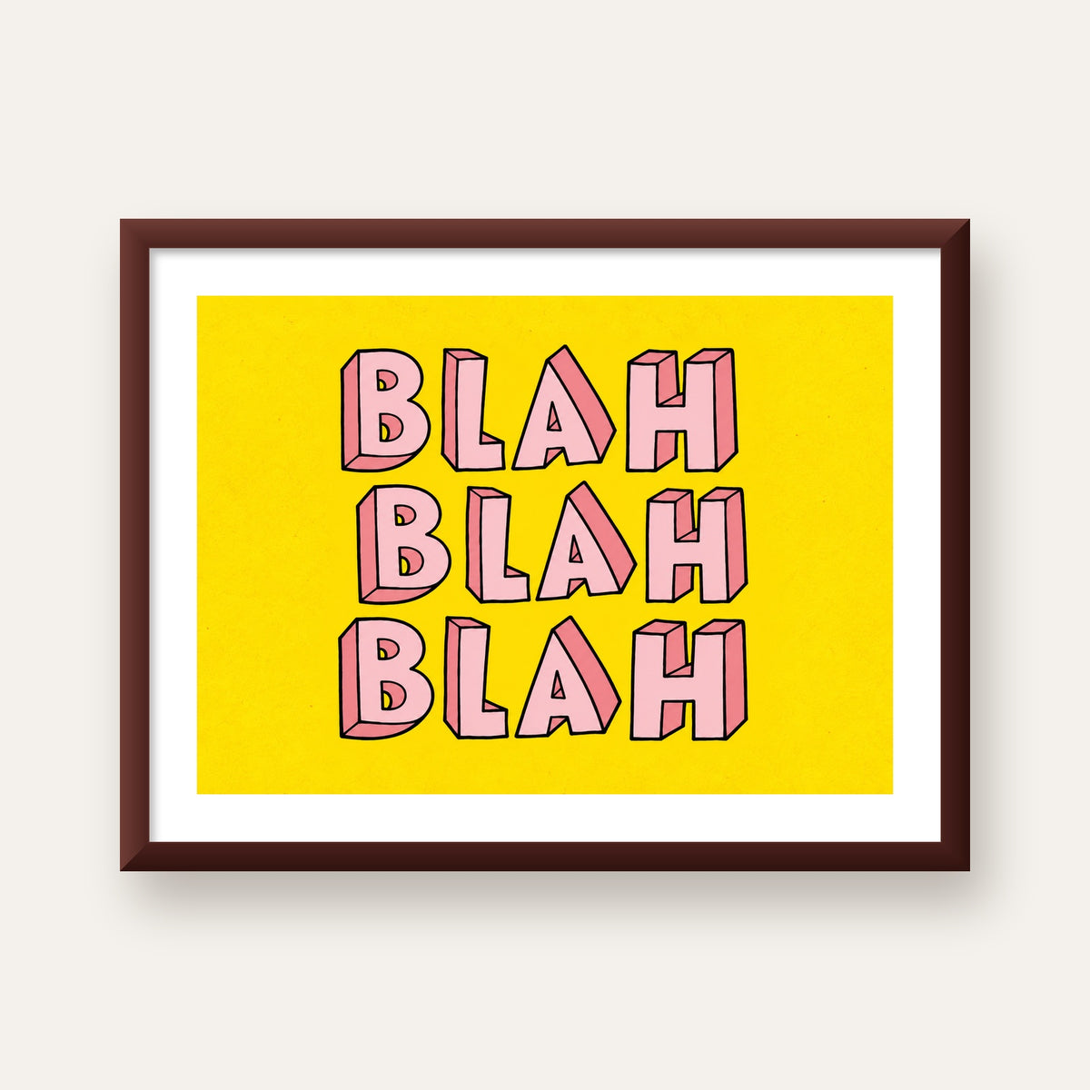 BLAH BLAH BLAH Renkli Tipografi Poster – Sarı ve Pembe — ceviz çerçeveli paspartulu