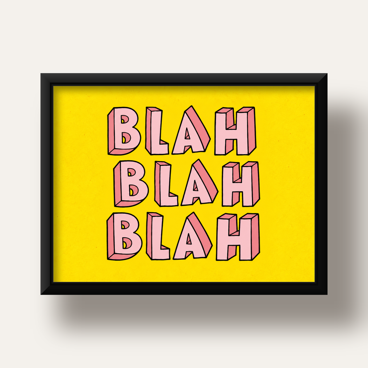 BLAH BLAH BLAH Renkli Tipografi Poster – Sarı ve Pembe — siyah derin çerçeveli