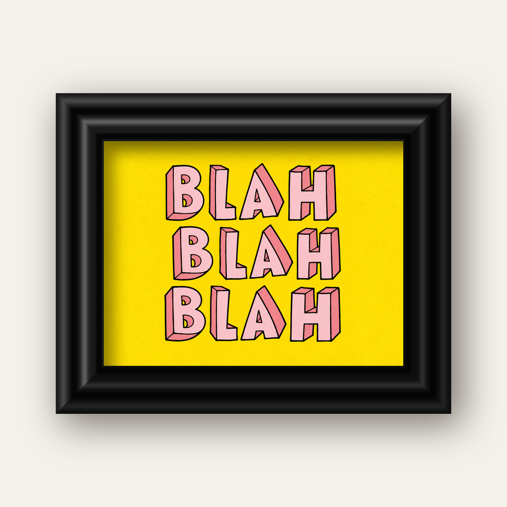 BLAH BLAH BLAH Renkli Tipografi Poster – Sarı ve Pembe — siyah galeri çerçeveli